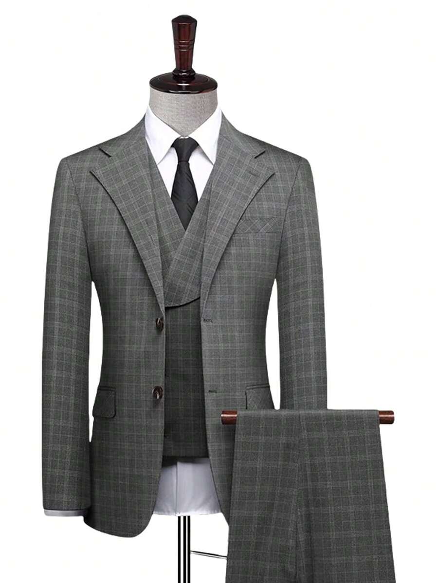 Men's Classic Business Suit 3-Piece Set | Notched Lapel Two-Button Blazer, Vest & Trousers For Wedding Prom Tuxedo Jacket Pants 2025 - Grey - View 1