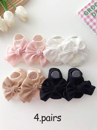 4 pares de calcetines de algodón con lazo decorativo antideslizantes para bebés niñas, adecuados para interiores/gateo en el suelo, para todas las estaciones