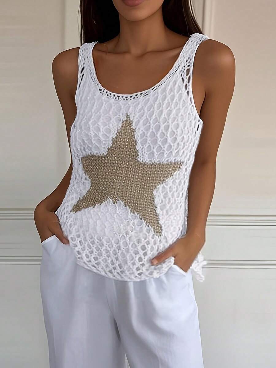 Damen Lässiges Sommeroberteil - Ärmellose Häkelstern Muster Tank Top, weiß mit goldener Sternenstickerei, perfekt für lässige Lässig Kleidung, lässiges Sommeroberteil | Stern Stickerei Top | Rundhals Top