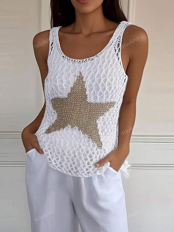 Women'S Casual Summer Top - Sleeveless Crochet Star Pattern Tank Top, White With Golden Star Embroidery, Perfect For Adult Casual Attire, Casual Summer Top|Star Embroidery Top|Crew Neck Top