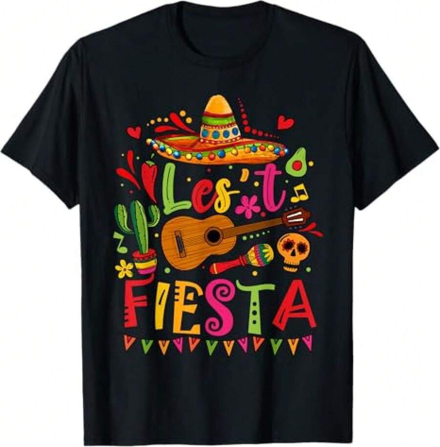 1 Pack Men's T-Shirt Cinco De Mayo Guitarra Mexicana Cactus Divertida Fiesta Mexicana Camiseta Camiseta de hombre - Negro - Ver 1