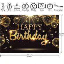 1pc Black Gold Happy Birthday Party Decorations Backdrop, Golden Balloons Glitter Star Birthday Party Photo Background Banner Extra Large Wall Decor Props Party Supplies