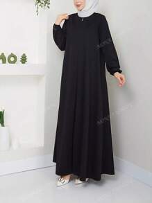 Solid Color Elegant Turkish Dubai Middle Eastern Style Women Long Robe Robe Zipper Flared Comfortable Long Sleeve Abaya