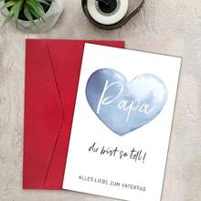 1pc Heartfelt Father's Day Greeting Card With Envelope – Blue Watercolor Heart Design, German Edition For Dad, Stepfather, Or Adoptive Father, 12cm X 17cm, Perfect For Celebrating Father-Youngsters Bond, Fathers Day Gift