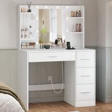 Schminktisch mit Spiegel und Beleuchtung, Schminktisch mit 4 Schubladen, 4 offenen Regalen, 5 Schmuckhaken für Schlafzimmer, Weiß