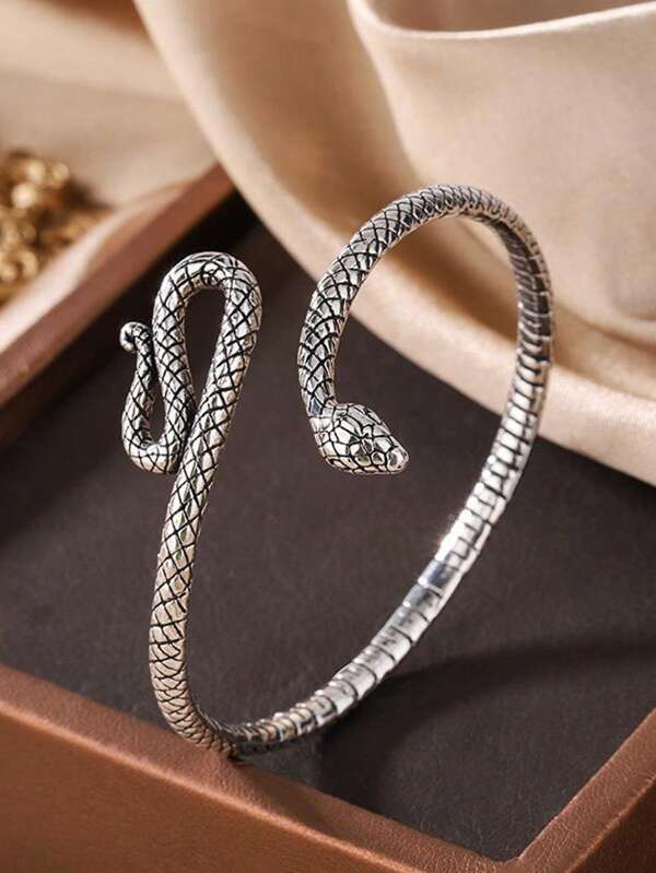 1pc Retro Fashion Adjustable Silver-Color Snake Shaped Open Bangle Bracelet, Suitable For Daily Wear And Holiday Gift (Random Bracelet Direction)