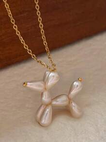 1pc Faux Pearl Puppy Pendant Necklace, Fashionable Copper Gold Color, Suitable For Daily Wear, Parties, Gatherings, Sister's Birthday Gift