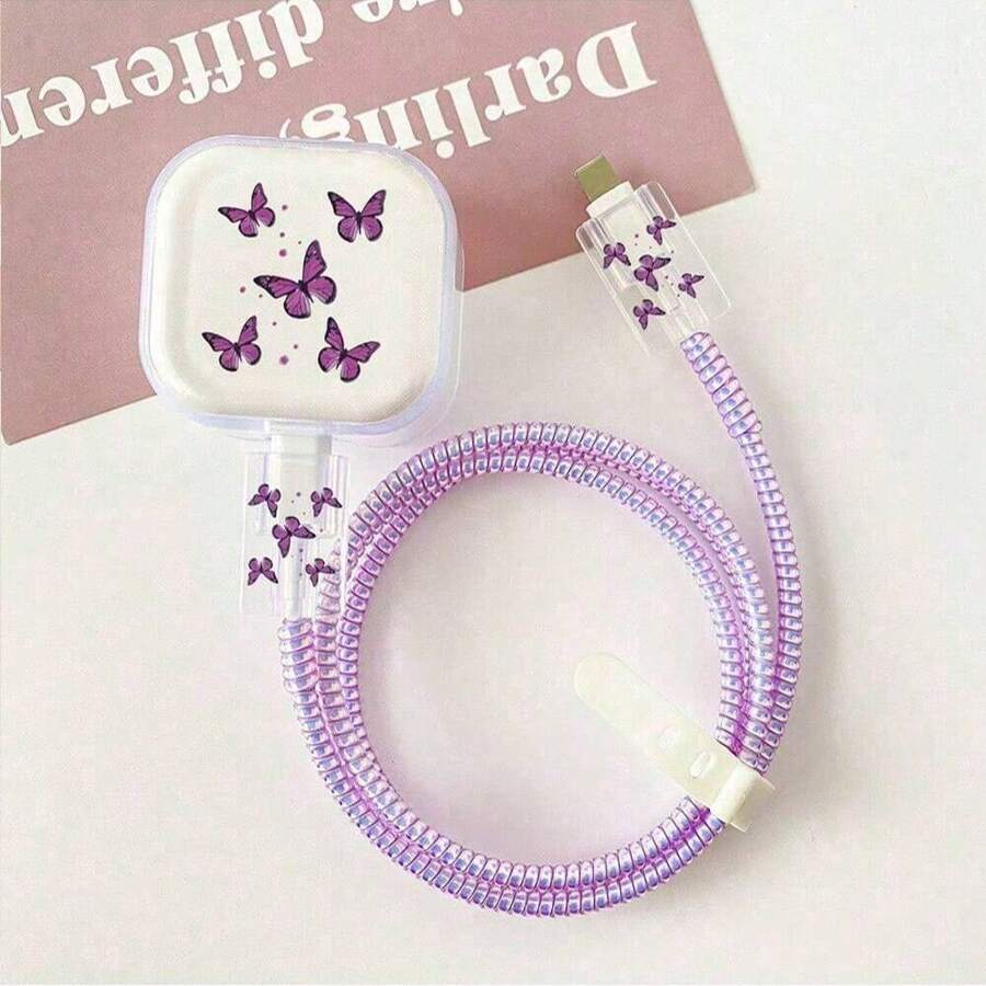 Purple Butterfly TPU Soft Case, Suitable For 20W Apple Charger UK Version, 15plus Data Protector Cable Protector, Charger Protector
