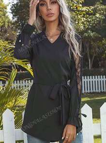 Las mujeres de malla corbata camisa Slim Loose Temperamento Cuello de pie Top