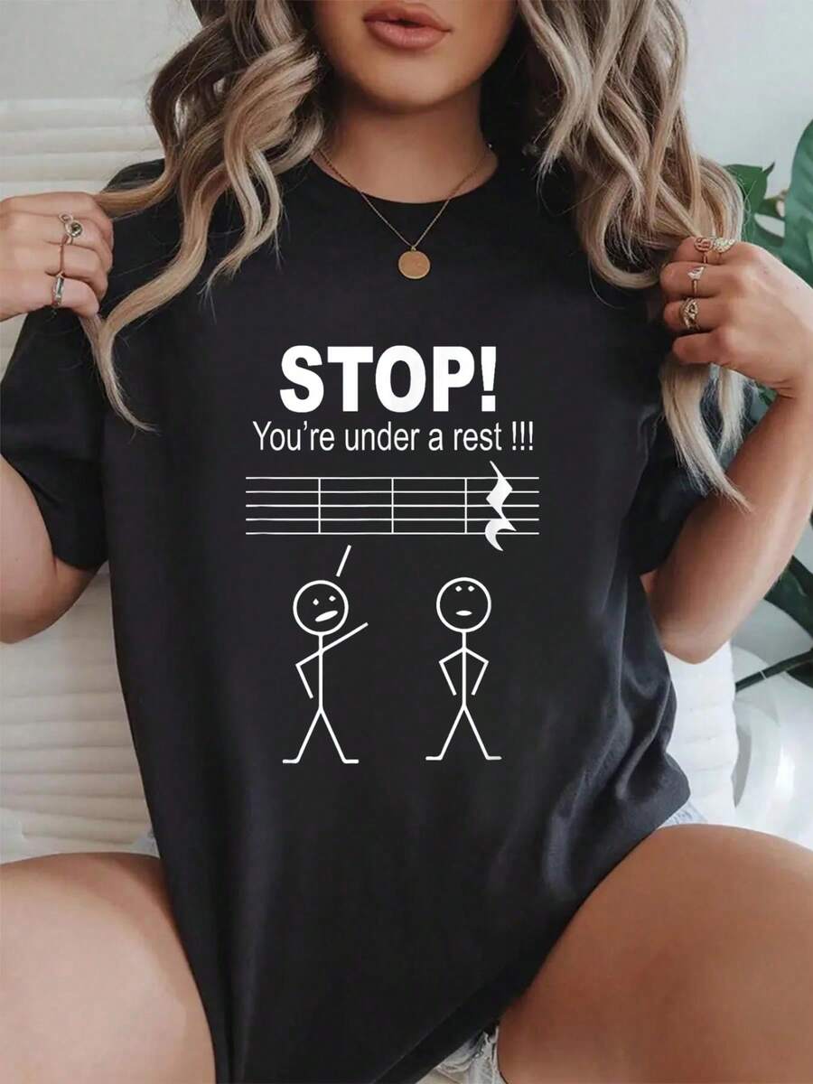 Camiseta de algodón con texto "Stop, estás bajo arresto" - Camiseta divertida de músico, regalo, camiseta negra de verano con diseño gráfico para mujer - Negro - Ver 1