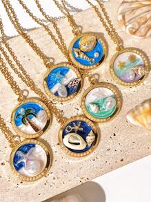 1pc Vintage Luxury Beach Shell & Faux Pearl Oil Drop Pendant Necklace For Women