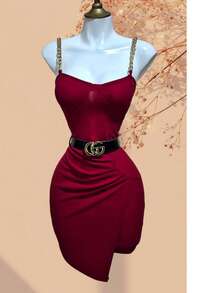 Vestido corto con tirantes de cadena dorada mujer elegante ajustado sexy fiesta noche asimétrico moda | Elegancia y Estilo Asimétrico - Rojo - Ver 2