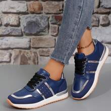 Tenis para mujer, diseño de color block ligero, punta redonda, suela antideslizante para uso diario