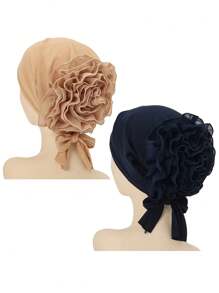 2 piezas Sombreros de turbante de poliéster de moda para mujer, gorros con pañuelo floral elástico y diseño de flor grande, cofia hijab de punto transpirable para ocasiones festivas