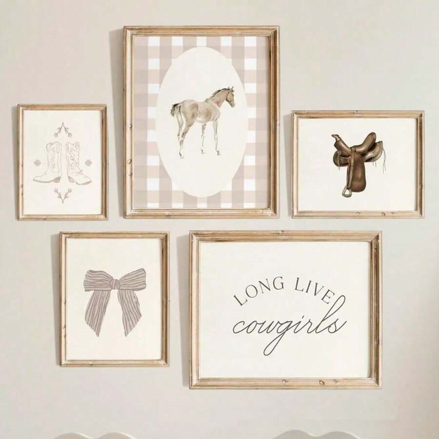 1 pieza Arte de pared vintage, póster con diseño de caballo de tema vaquero, póster vintage western de vaquera, decoración moderna para baño, dormitorio, sala de estar, habitación, hogar, estilo sin marco - Multicolor - Ver 1