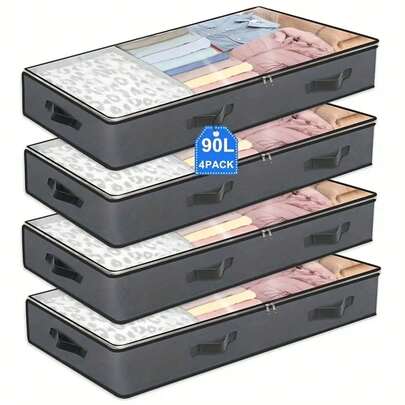 4 pezzi Borse da riporre sotto il letto con finestra e manici rinforzati - Pieghevoli, organizzatore di grandi capacità per coperte e biancheria da letto, colori alla moda grigio e nero classico, ideali per vestiti, pantaloni, scarpe, jeans, stivali, gonne, magliette bianche da donna, pantaloni neri da donna, abiti invernali da donna