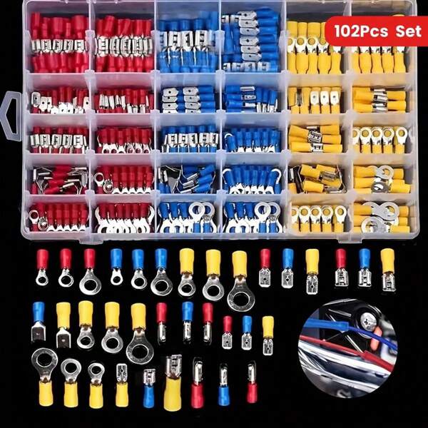 102pcs Universal Electrical Crimp Terminal Set - Assorted Wire Cable Connector Kit With Insulated Ring Fork Spade Butt Connectors For Automotive & Marine Wiring - Uncharged, No Battery Inclfor Uded