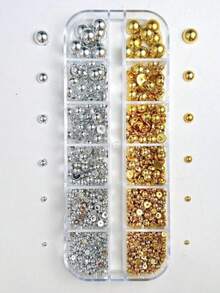 1 Box 12 Grids Gold And Silver Nail Charms, Semi-Circle Flat Nail Art Decoration, Mix Size Diy Nail Art Supplies For Salon, Cyberpunk Y2K Industrial Nail Ornaments Nails Nail Gems - Multicolor - View 1