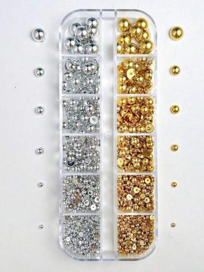 1 盒 12 格金银指甲饰，半圆形扁平美甲装饰，混合尺寸 DIY 美甲用品，适用于沙龙，赛博朋克 Y2K 工业风指甲饰品，指甲宝石