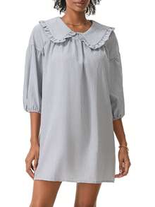 Women's Cute Babydoll Dresses Plaid Print Puff Sleeve Doll Collar Loose Mini Dress For Summer - 卡其色 - 查看 1