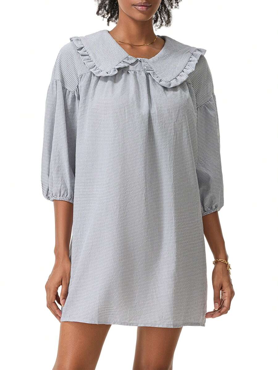 Women's Cute Babydoll Dresses Plaid Print Puff Sleeve Doll Collar Loose Mini Dress For Summer - 卡其色 - 查看 1