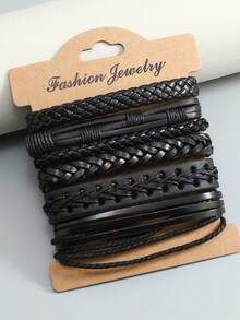 6 件手工黑色和棕色皮革编织朋克风格男士休闲手链，适合日常佩戴和聚会