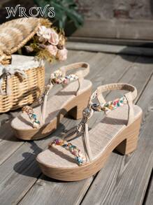 WRCVS Women Beige High Heel Sandals, Hollow-Out Breathable Summer Platform Wedge Retro Casual Outdoor Shoes, Lightweight Bohemian Style Increasing Height Handcraft Beaded Vintage Woven Floral Pattern Random Direction