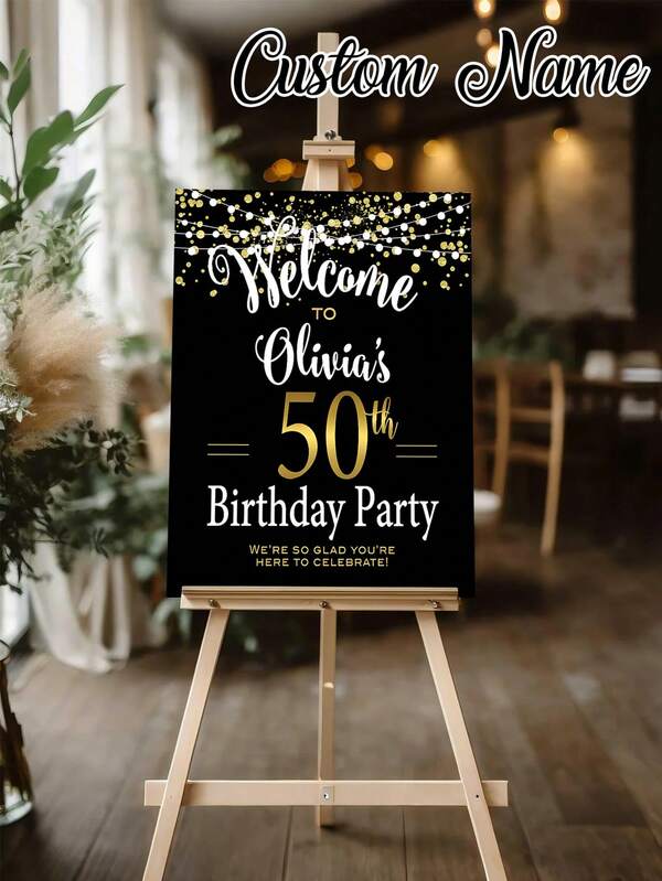 1pc- Custom Name Birthday Poster, Black And Gold Colorful Sequin Design, Personalized Custom Birthday Happy Welcome Sign, Custom Poster Frameless Printing, Custom Frame Canvas, Vibrant Wall-Hanging Art, Unique Personalized Background Photography And Display, Personalized And Unique Ideal Gift, Suitable For Various Occasions Such As Birthdays, Parties, Events, And Graduation, Perfect Party Decoration,Art Activities For Children