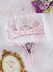 Conjunto de lencería con tul bordado con flores, acolchado y con alambre para mujer, dulce y energética