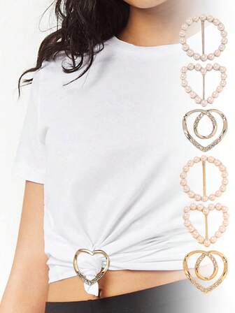 Multi-Functional Alloy Metal Scarf Clip, Heart-Shaped Pearl Buckle, Knotted Buckle And T-Shirt Waist Decoration Ring - Multi-Functional Clothing Clip, Suitable For Scarves, T-Shirts, Belts And Shawls, Elegant And Versatile Shortening Solution, Combining Casual And Styles, The Perfect Gift For Women's Wardrobe.