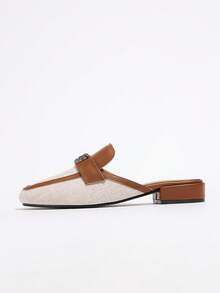 Women's Fashion Closed Toe Mule Flats, Low Heel Contrast Color Design, Linen Shoes For Spring & Autumn - Brown - View 7