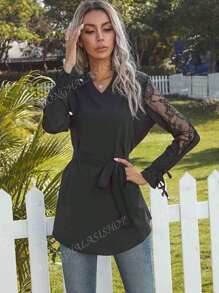 Las mujeres de malla corbata camisa Slim Loose Temperamento Cuello de pie Top
