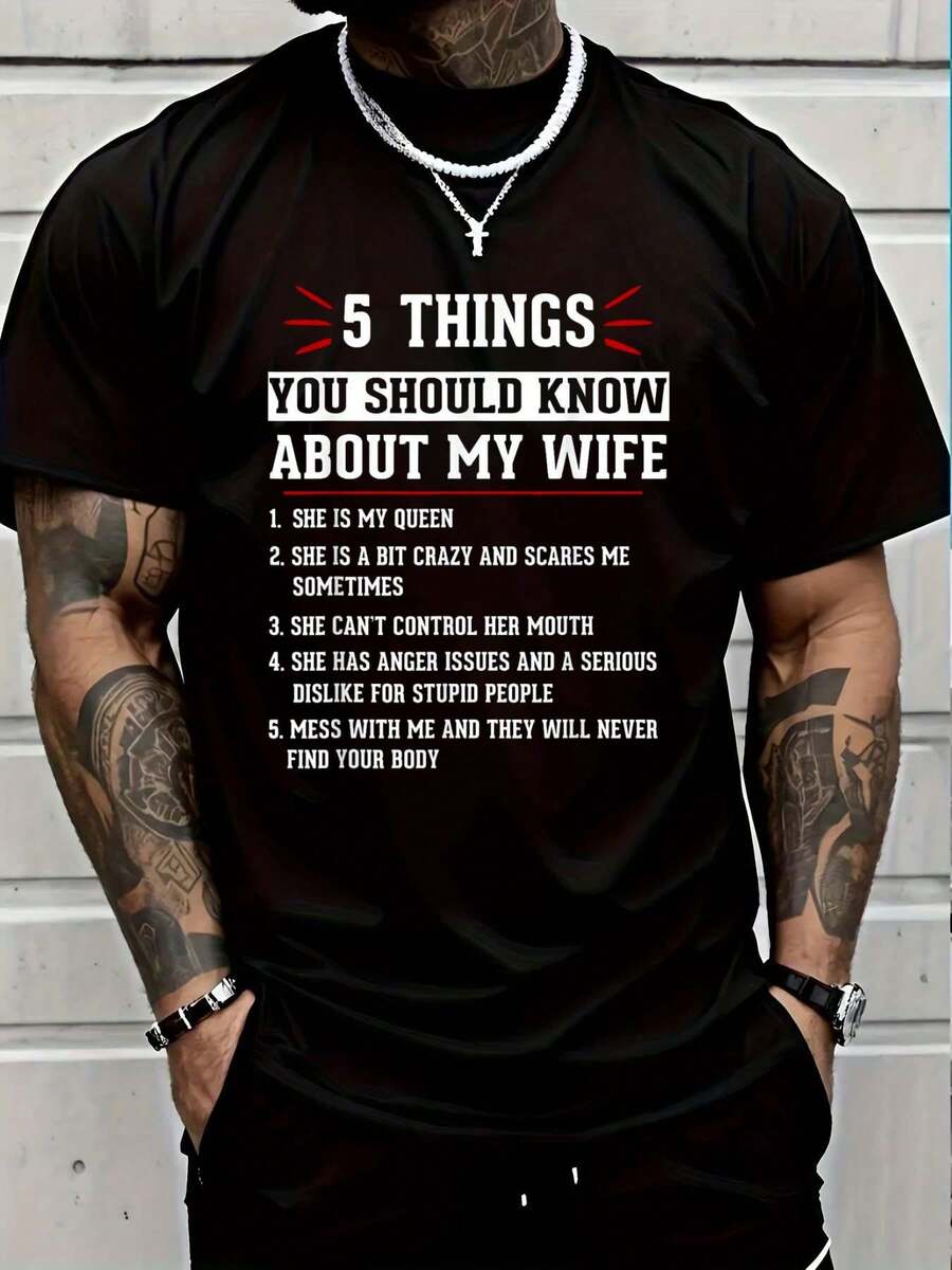 100% Cotton 5 Things You Should Know About Wife Funny Husband Love Wife T-Shirt Women's Men Graphic Tee - 黑色 - 查看 1