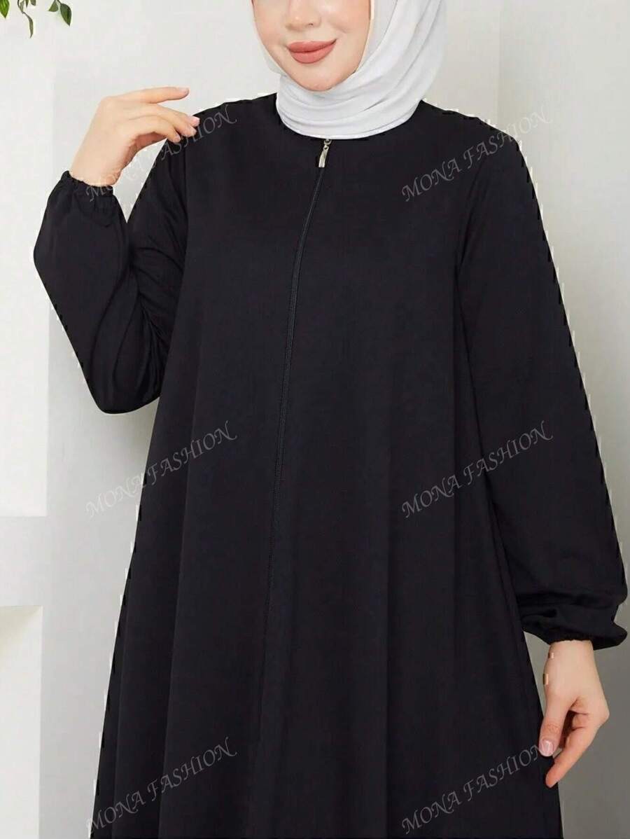 Solid Color Elegant Turkish Dubai Middle Eastern Style Women Long Robe Robe Zipper Flared Comfortable Long Sleeve Abaya
