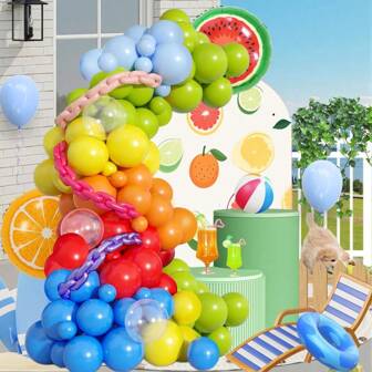 116pcs Summer Fruit-Themed Party Balloon Wreath Set, Featuring Red, Yellow, Blue And Green Balloons Paired With Long Chain Balloons And Orange, Watermelon And Aluminum Foil Balloons, Suitable For Summer Parties, Hawaiian-Style Parties, Birthday Parties And Outdoor Party Decoration
