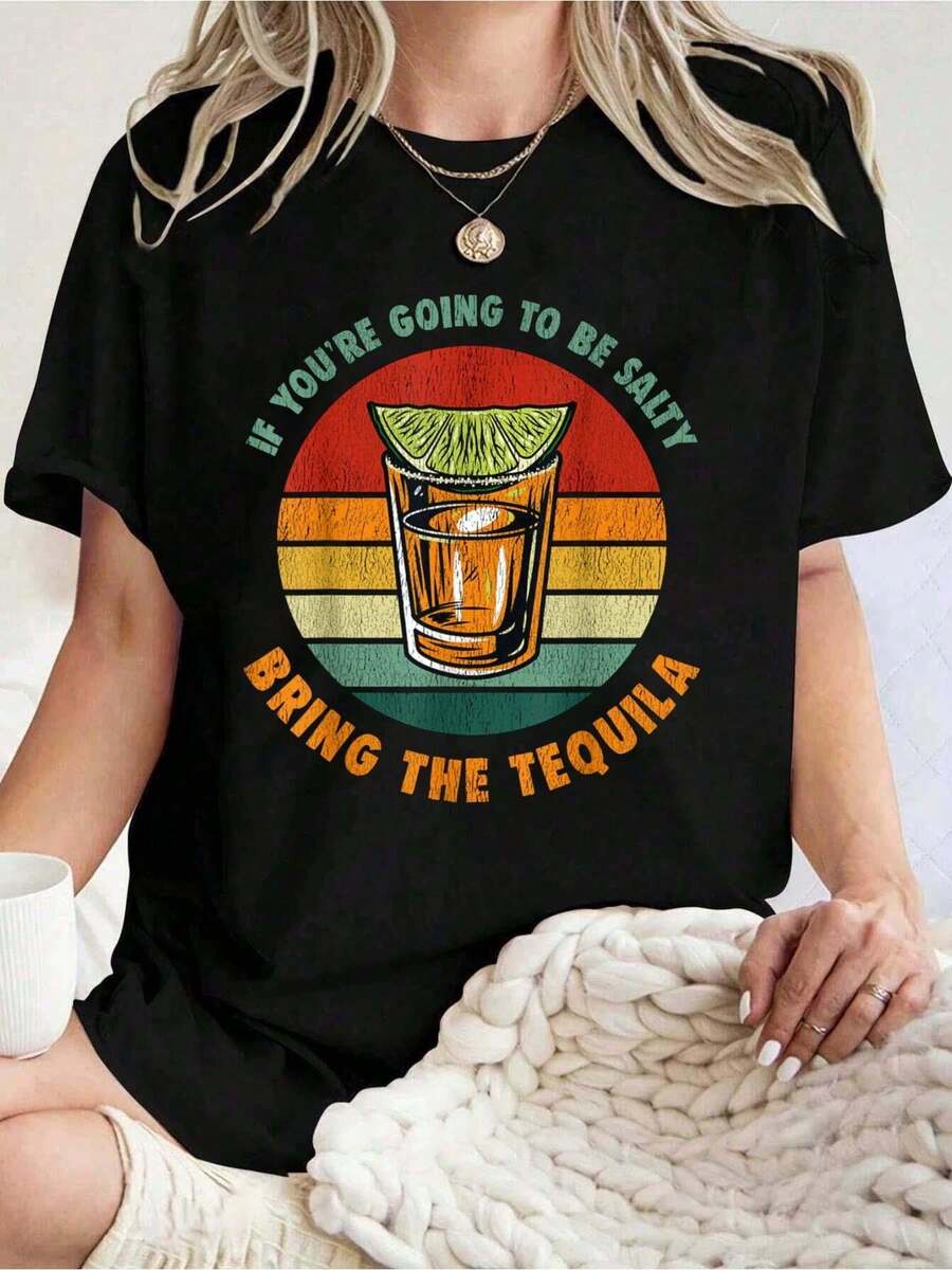 Camiseta de manga corta con cuello redondo de algodón negro de 180 g para mujer "If You're Going to Be Salty, Bring the Tequila" Camiseta con estampado gráfico - Divertida camiseta informal de verano para amantes de los cócteles y entusiastas del tequila, cómoda camiseta de moda para todos los días - Negro - Ver 1