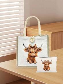 Bolsa tote estampada com tema de vaca das Terras Altas, leve uma bolsa de maquiagem com a mesma cor, portátil, reutilizável, leve, bolsa de mão, bolsa de ombro de linho, bolsa de armazenamento, porta-moedas, bolsa de mão, bolsa de viagem essencial, bolsa de grande capacidade, sacola de compras estampada, adequada para escola, universidade, trabalho, negócios, deslocamento diário, atividades ao ar livre, viagens, feriados, presentes para professores, família, amigos, presente de Dia das Mães, compra obrigatória em 6 de junho