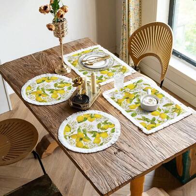 1 pieza Mantel individual de lino con borlas, tapete de escritorio con estampado de limón, mantel con borlas blancas redondas y rectangulares, tapete para mesa de café y comedor, decoración para el hogar