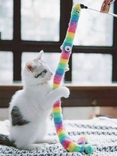 1 peça de brinquedo de pelúcia colorido e fofo em forma de lagarta para gatos - Varinha de brinquedo interativa e divertida para gatinhos travessos, resistente a arranhões e durável, sem bateria