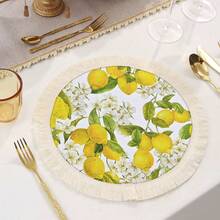 1 pieza Mantel individual de lino con borlas, tapete de escritorio con estampado de limón, mantel con borlas blancas redondas y rectangulares, tapete para mesa de café y comedor, decoración para el hogar