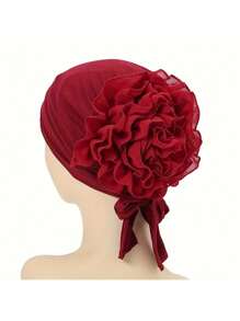 2 piezas Sombreros de turbante de poliéster de moda para mujer, gorros con pañuelo floral elástico y diseño de flor grande, cofia hijab de punto transpirable para ocasiones festivas