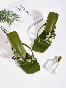 Spring/Summer Travel & Beach Satin Flowers Open Toe Square Toe Stiletto High Heel Sandals - Green - View 3