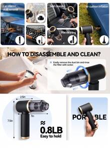 1 pieza Aspiradora inalámbrica 3 en 1 integrada y sopladora, recargable por USB, para lavar el coche, eliminar el polvo, limpieza del hogar, secar el pelo, etc.