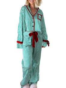 Womens Striped Christmas Pajama Set Satin Tie Up Knot Puff Long Sleeve Button-Up V-Neck Cropped Shirt + Drawstring Waist Long Pants 2 Piece Sleepwear Xmas Holiday Party Clothes Loungewear Outfit - 綠色 - 查看 6