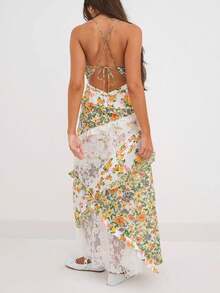 Women Boho Floral Maxi Dress Y2K Spaghetti Strap Deep V Neck Lace Patchwork Layered Ruffle Hem Flowy Long Dress Summer Sleeveless Backless Going Out Dress Beachwear - 黃色 - 查看 2