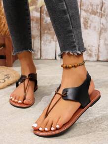 Sandalias planas para mujer, estilo casual europeo y americano con punta redonda y tira en forma de chancla para uso en exteriores