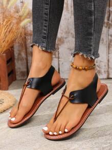 Sandalias planas para mujer, estilo casual europeo y americano con punta redonda y tira en forma de chancla para uso en exteriores