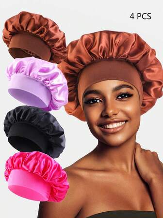 4pcs Women Multi-Color Satin Wide Brim Sleep Cap/Bonnet, Suitable For Daily Use