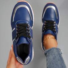 Tenis para mujer, diseño de color block ligero, punta redonda, suela antideslizante para uso diario