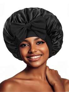 Stretchy Ribbon Solid Color Sleeping Cap, Wide-Brim Headscarf Hat With Bow - Black - View 12